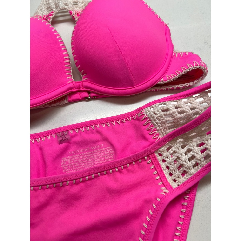 Victoria's Secret Caravo Neon Pink Crochet Push Up Bikini 2 Piece Swimsuit Small